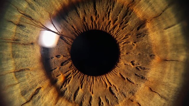 Growing pupil closeup, black pupil in human eye open up or dilate