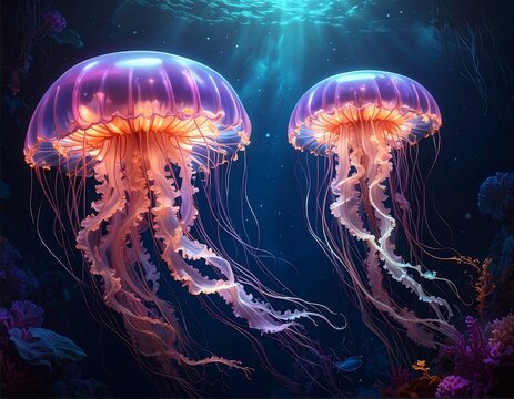 Two vibrant jellyfish, glowing in an underwater scene