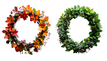 Two circular wreath variations with leaves and flowers isolated on transparent background