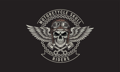 Retro Motorcycle Skull Riders Badge with Chain and Wings