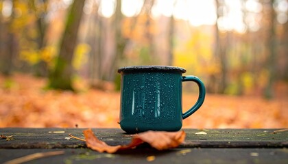 Mug rests, foliage bokeh.  Autumn scene, woods backdrop