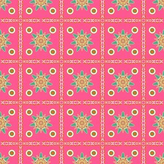 Seamless Thai pattern in bold hot pink. Intricate floral and geometric elements create a bright, vibrant, and retro look, perfect for fashion and design projects.