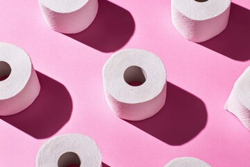Overhead shot of multiple white paper rolls arranged on a vibrant pink background