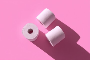 Three white paper rolls on a pink surface casting long shadows, overhead view
