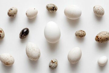 A collection of diverse speckled and solid colored eggs scattered on a white backdrop