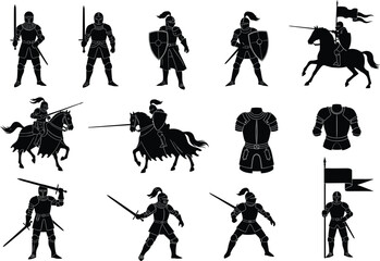 Obraz premium Vector Silhouettes of Knights, Medieval Warriors and Historical Armor Icons