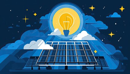 Solar panels glowing with lightbulb, night sky, clouds, stars; eco-friendly energy concept