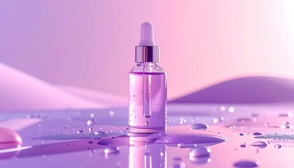 Dropper bottle, serum, pink liquid, glossy surface, serene