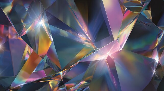 Abstract, prismatic geometric patterns shimmer with iridescent light and color