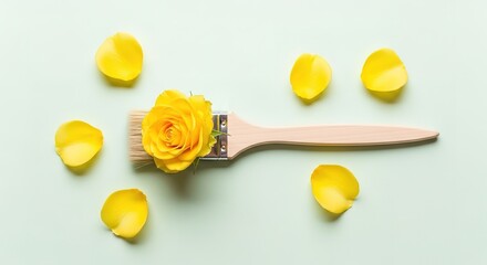 Yellow Rose and Petals Adorn a Paintbrush on a Pastel Background