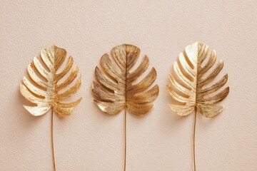 Three golden leaves on delicate stems against a textured, peachy-pink background