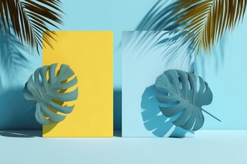 Two rectangular panels, one yellow, one clear, with monstera leaves and palm shadows