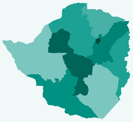 Map of Zimbabwe with regions. Just a simple country border map with region division. Teal color palette. Plain Zimbabwe shape with administrative division. Vector illustration.