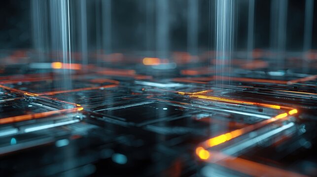 Abstract grid illuminated by vertical beams, with a dark reflective base