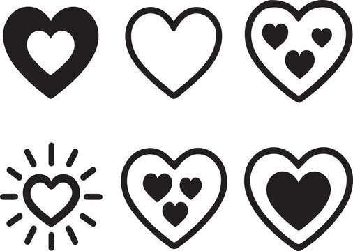 Love Icons: A collection of heart icons in various styles, symbols of affection and love, from simple outlines to intricate designs representing a depth of emotions, Ideal for illustrating love.