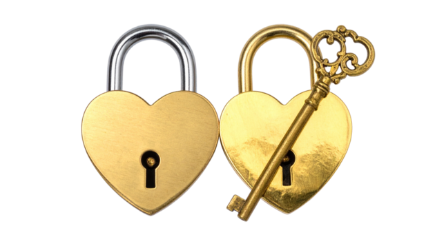 Two heart-shaped lock and key variations isolated on transparent background