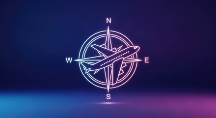 Neon outline of an airplane superimposed on a compass rose, symbolizing navigation and travel direction in a modern, digital world