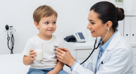 Pediatrician Examining a Smiling Young Boy with Stethoscope in Clinic.
