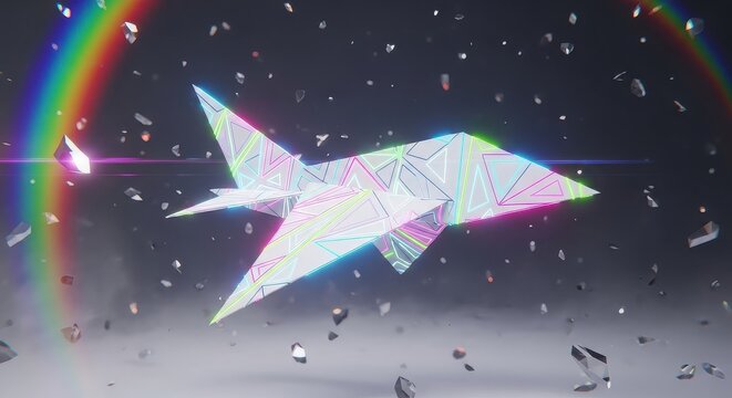 Abstract, futuristic lowpoly jet fighter made of glowing geometric shapes and lines, with rainbow light effects and debris - Powered by Adobe