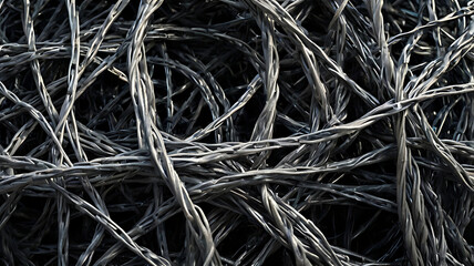 A chaotic, dense mesh of tangled, barbed wire and sharp metal shards rendered in stark, monochromatic blacks and grays.
