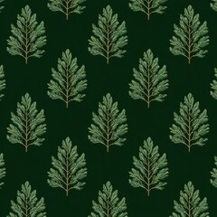 Repeating pattern of stylized evergreen sprigs on a deep green background