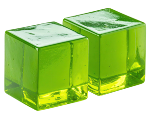 Two bright lime-green, cube-shaped, translucent candies or jellies