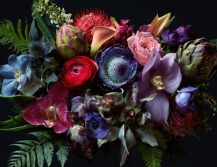 A lush, vibrant bouquet of diverse flowers in various hues, textures, and forms against a dark backdrop