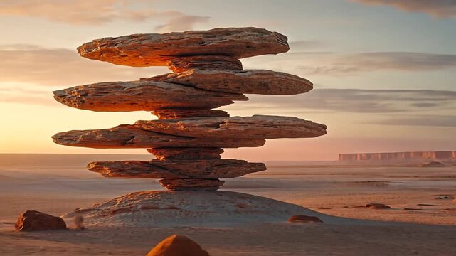 Stack of naturally balanced rocks stands in desert landscape with glowing golden sunset sky for beauty of nature geological formations and harmony environment concept