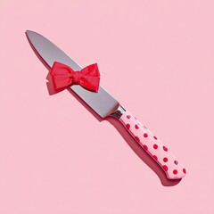 A pink spotted knife with a red bow tie laying diagonally on a light pink backdrop