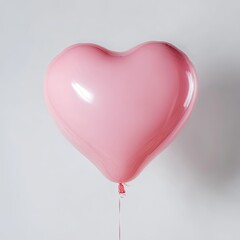 A pink, heart-shaped balloon floats against a plain, white background, showing its glossy surface