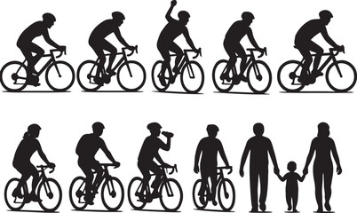 Obraz premium Cycling silhouettes and family: An assortment of silhouettes depicting the graceful movement of cyclists, intertwined with the heartwarming imagery of a family.