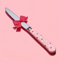 A decorative table knife with a pink polka-dotted handle is tied with a red bow