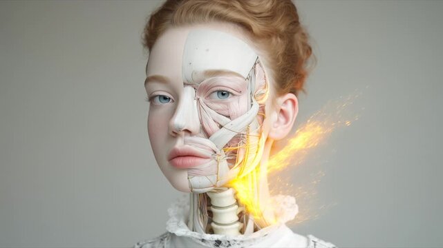 Close-up of young woman face with half X-ray exposing facial bones and muscles, realistic anatomical view