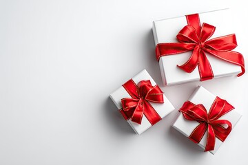 Three white wrapped gifts with red and gold ribbon bows on a bright white background