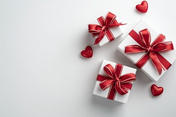 Three white gift boxes with red satin bows and three red hearts on a white backdrop