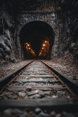Naklejka premium Train track leads through illuminated tunnel, creating mysterious and captivating atmosphere. warm lights contrast with dark surroundings