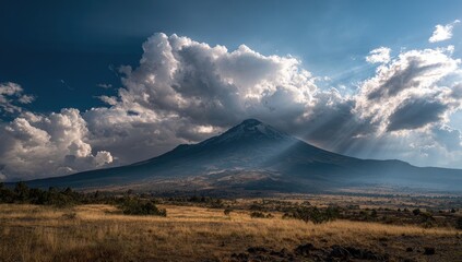 Majestic mountain peak pierced by sun rays through dramatic clouds, casting shadows