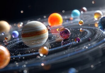 Colorful planetary bodies orbit a central point, rings of light and bokeh effects present