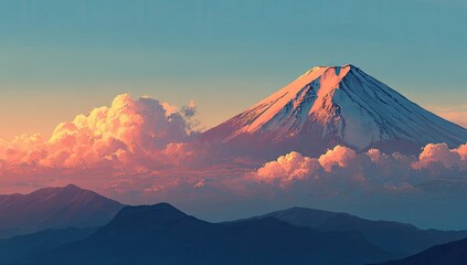 A majestic snow-capped mountain peak glows in sunrise hues, amidst fluffy clouds and blue ranges