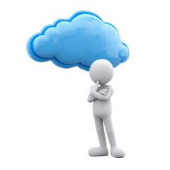 Thoughtful figure with blue cloud on transparent background