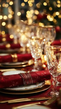 Beautifully decorated holiday table features rich red linens, gold accents, crystal glasses, creating sophisticated atmosphere. Warm bokeh lights add magical festive touch to dining experience