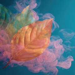 Two leaves, one orange, one green, drift in pink smoke against a teal background