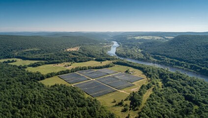 Aerial of a large solar farm nestled in a valley near a river, surrounded by forests