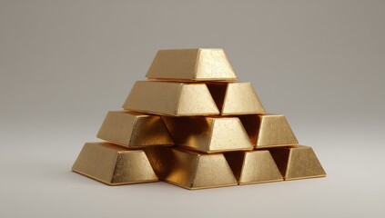 Golden ingots stacked in a pyramid formation on a light gray surface
