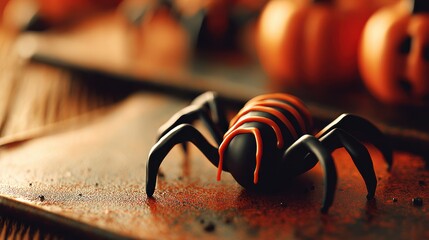 Black spider decoration with orange icing on a rustic wooden surface, perfect for Halloween celebrations and spooky-themed designs