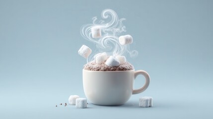 A cozy cup of hot chocolate with marshmallows indoor setup food photography soft color palette minimalist view comforting vibe