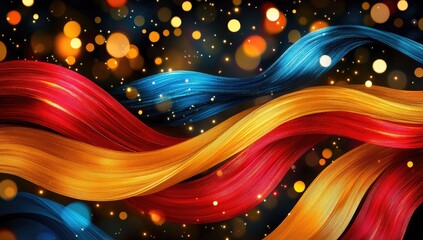 Colorful waves flow amidst blurred bokeh lights on black