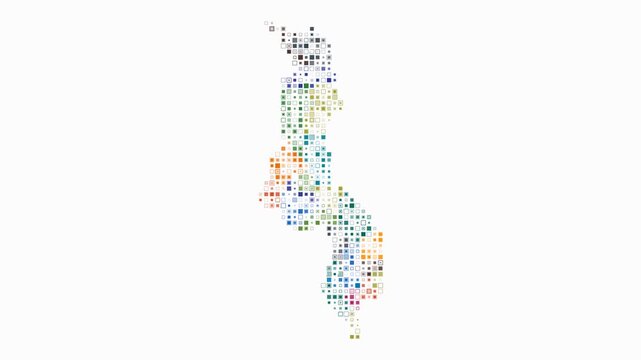 Malawi animated country shape. Pulsating colored dots on the map of the country. Small size square blocks. Digital style Malawi map on white background. Artistic animation video.