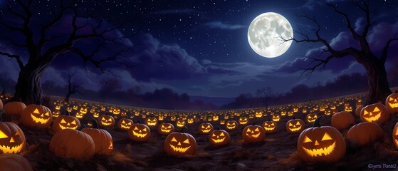Halloween Pumpkin Patch Under Moonlight: A vast field of carved pumpkins glowing under a full moon during the spooky Halloween night. The scene creates a whimsical yet eerie atmosphere.