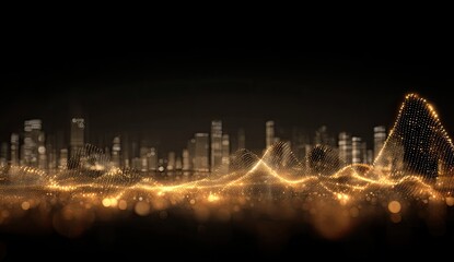 Abstract golden wave of light above a blurry cityscape against a black background